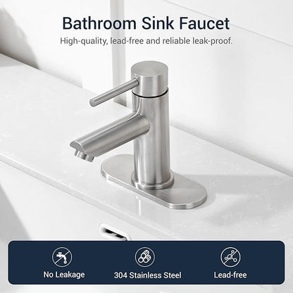 Brushed Nickel Bathroom Sink Faucets Single Hole Single Handle Stainless Steel Bathroom Faucet RV Faucet Deck Mount 1 Hole or 3 Holes with Pop-up Drains with Overflow
