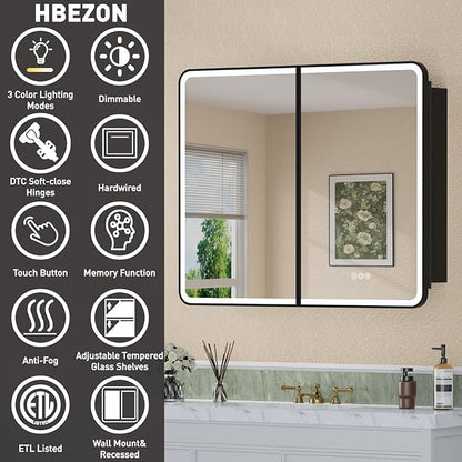 32 x 30 Inch LED Medicine Cabinet with Mirror, UL Certified Dimmable Lighted Bathroom Mirror Cabinet, Anti-Fog & Memory Function, 3 Color Modes, Recessed or Wall Mounted, Adjustable Shelf, Black