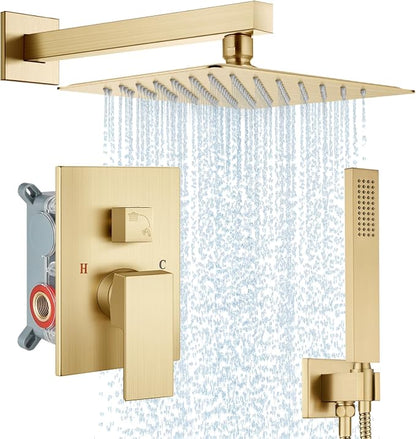 Midanya Shower Faucet Set with Handheld Sprayer,10 Inch,Brushed Gold | Rough-in Shower Valve and Trim Kit Included,Square Rain Head,Wall Mount Shower System,All Metal,Bathroom