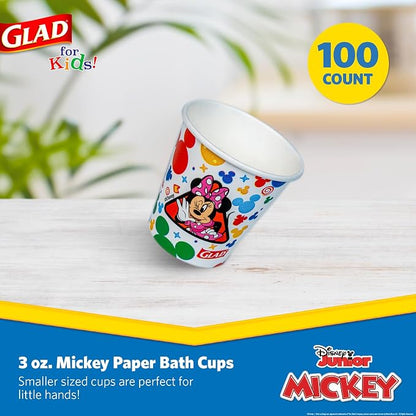 Glad for Kids Disney Mickey and Friends Mini Paper Cups, 3 Oz, 100 Ct, 6-Pk | Soak-proof bathroom rinse cups sized for little hands; colorful Mickey Mouse designs