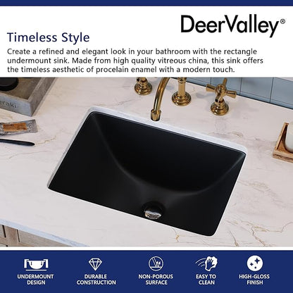 DeerValley Black Undermount Bathroom Sink 18'' x 13'' Rectangular Ceramic Bathroom Wash Basin with Overflow Hole DV-1U306B