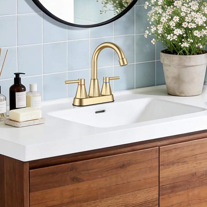 Bathroom Sink Faucet Brushed Gold, 2-Handle 4-inch Centerset Faucet | Lead-free stainless steel, pop-up drain included, Detachable faucet aerator, 360°swivel spout, for vanity sink 3-hole mount