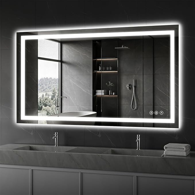Koonmi 48x32 LED Bathroom Mirror, Shatterproof Mirror with Light | 90CRI Vanity Mirror with Anti-fog Backlit + Front Lit, 3 Color, Easy Install for Bathroom Hotel (IP65)
