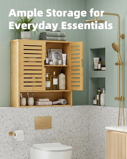 SMIBUY Bathroom Cabinet Wall Mounted, Bamboo Over-The-Toilet Storage Organizer, Space Saver Medicine Cabinet with 2 Door and Adjustable Shelves (Natural)