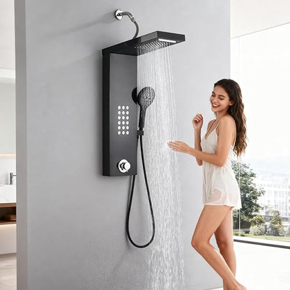 Shower Panel Tower System,Rain Shower Head Rainfall Waterfall Shower,Handheld High Pressure Rain Massage System(Black)
