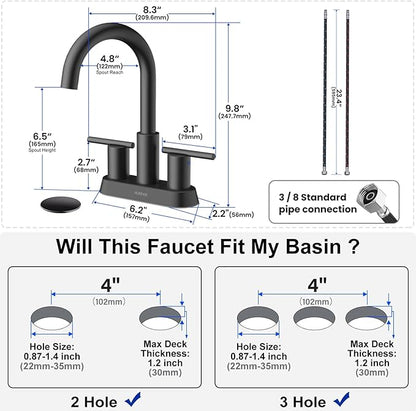 Hurran 4 Inch Bathroom Faucet for Sink 3 Hole, Matte Black Bathroom Faucet with Pop-up Drain and 2 Supply Hoses,Stainless Steel Lead-Free 2-Handle Centerset Faucet for Sink Vanity RV
