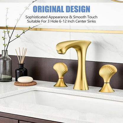 Brushed Gold Bathroom Faucet 3 Hole, 8 Inch Widespread Bathroom Sink Faucet for Vanity, 2 Handle Bathroom Faucets, Bathroom Vanity Faucet with Pop-Up Drain and Supply Hoses