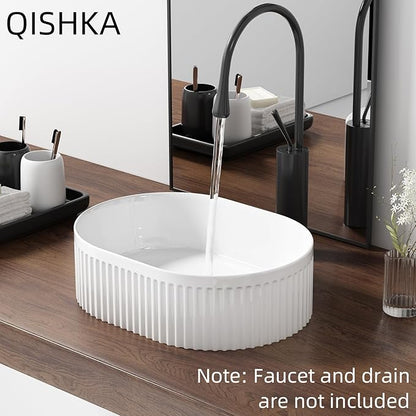 Oval Vessel Sink 16 Inch Above Counter - White Ceramic Countertop Bathroom Sink, 16" x 12" Modern Vanity Art Basin Porcelain Hand Wash Basin