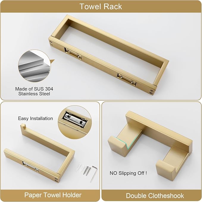 Brushed Gold Bathroom Accessories, Toilet Paper Holder, Towel Bar and Hook | Lairuier 3 Pieces Bathroom Hardware Set, SUS304 Stainless Steel Towel Holder Set Toilet Paper Holder Robe Hook Wall Mounted