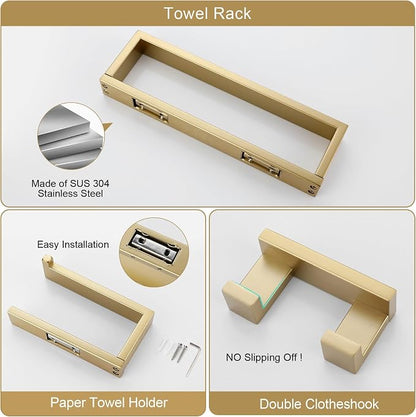 Brushed Gold Bathroom Accessories, Toilet Paper Holder, Towel Bar and Hook | Lairuier 3 Pieces Bathroom Hardware Set, SUS304 Stainless Steel Towel Holder Set Toilet Paper Holder Robe Hook Wall Mounted