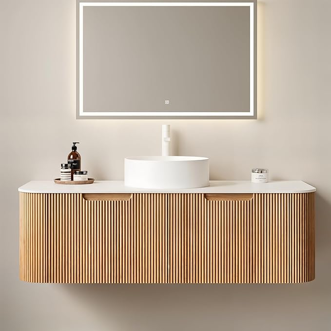Yayzy 48" Floating Bathroom Vanity with Sink, Solid Wood Fluted Cabinet, White Round Ceramic Basin & Faux Marble Top, Soft-Close Drawer, Pre-Assembled, Natural Woodgrain