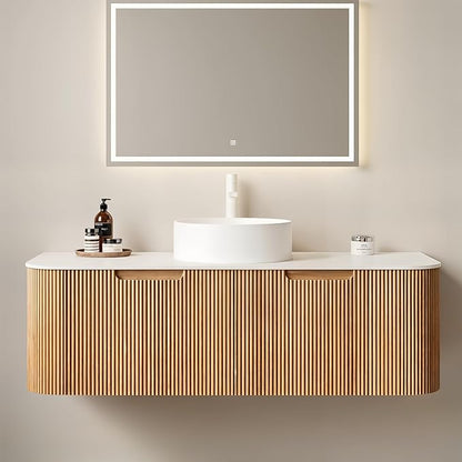 Yayzy 48" Floating Bathroom Vanity with Sink, Solid Wood Fluted Cabinet, White Round Ceramic Basin & Faux Marble Top, Soft-Close Drawer, Pre-Assembled, Natural Woodgrain