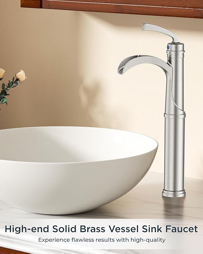 Forious Brushed Nickle Bathroom Faucets, Tall Waterfall Bathroom Faucet One Hole Single Handle Deck Mount Vessel Bathroom Sink Faucet Bowl with Metal Pop Up Drain and Supply Lines