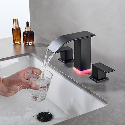 Bathroom Faucets 8 Inch Widespread Bathroom Sink Two Handles Matte Black Modern 3 Hole Waterfall Vanity Sink Faucet for 3 Hole with LED Light with Pop Up Drain