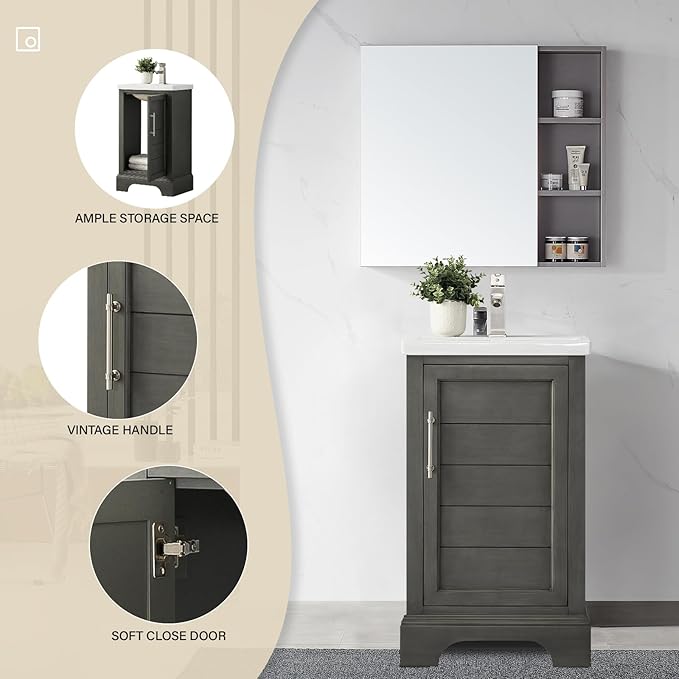HOMEBEYOND 20 Inch Bathroom Vanity with Single Sink & Ceramic Top, Vanity Cabinet with Center Countertop Basin, Soft-Closing Doors, Sliver Grey