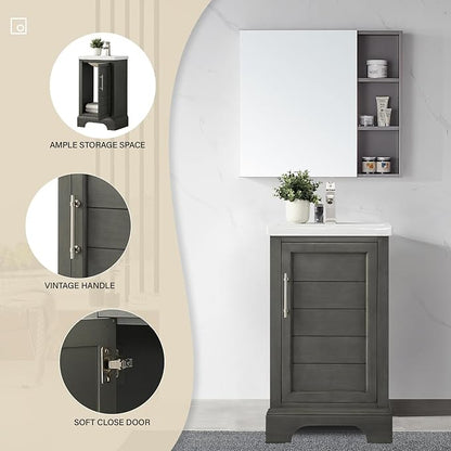 HOMEBEYOND 20 Inch Bathroom Vanity with Single Sink & Ceramic Top, Vanity Cabinet with Center Countertop Basin, Soft-Closing Doors, Sliver Grey