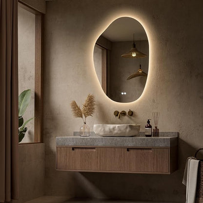 Keonjinn Irregular Backlit Mirror Bathroom, 24 x 36 in Asymmetrical LED Bathroom Mirror with Tempered Glass, UL-Listed LED Driver, Stepless Dimmable with 3 Colors, Defogging(Horizontal/Vertical)