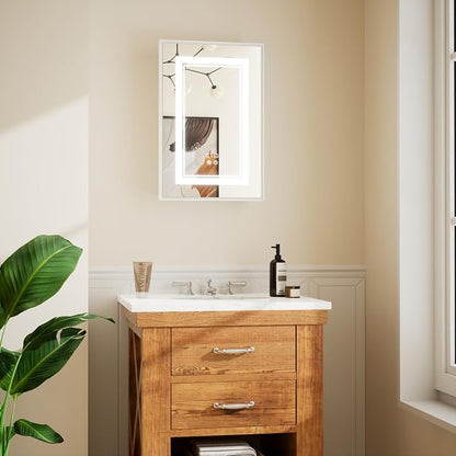 White Lighted Medicine Cabinet with Tempered Glass Mirror 16 x 24 White Metal Led Recessed Medicine Cabinet for Bathroom with Lights and Storage, 3 Color Dimming, Anti-Fog, 2 Outlets