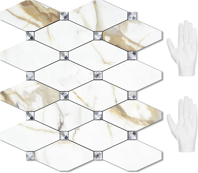 STICKGOO 10 Sheets Peel and Stick Backsplash, Calacatta Golden Stick on Mosaic Tiles for Kitchen Wall Decor, Self Adhesive Long Hexagon PVC Tile Kitchen Backsplash