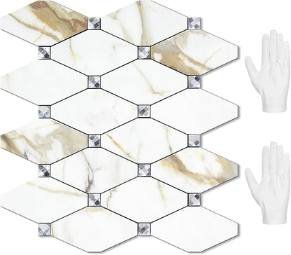 STICKGOO 10 Sheets Peel and Stick Backsplash, Calacatta Golden Stick on Mosaic Tiles for Kitchen Wall Decor, Self Adhesive Long Hexagon PVC Tile Kitchen Backsplash