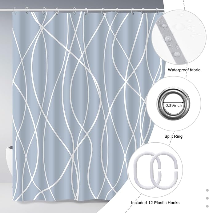 Striped Shower Curtain for Bathroom, Light Blue, 72" W x 72" L | with Hooks, Modern Hotel Style, Water Repellent, Washable, Weighted Hem