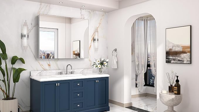 Keonjinn 40 x 32 Inch Large Medicine Cabinet for Bathroom, Silver Lightweight Combined Double Doors Mirrored Cabinet, Assembly Needed, Recessed or Wall Mount, Flexiable Ample Storage, Soft Closing | Assembly Needed, Lightweight Combined Double Doors, R...