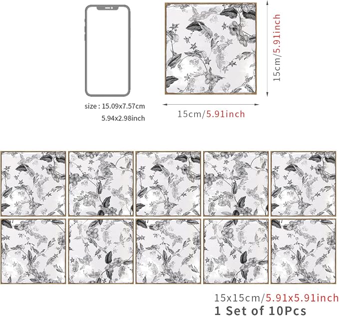 Alwayspon Vinyl Sticker Peel and Stick, Self-Adhesive Wall Tile Transfers Backsplash Sticker Decal for Kitchen Bathroom, 6x6inch/15x15cm 10Pcs, Monochrome Floral T041