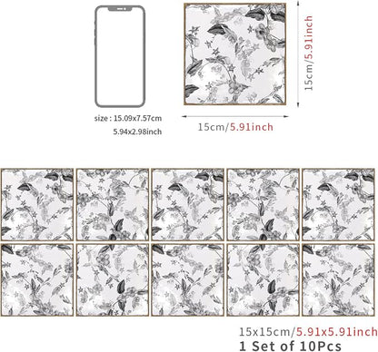 Alwayspon Vinyl Sticker Peel and Stick, Self-Adhesive Wall Tile Transfers Backsplash Sticker Decal for Kitchen Bathroom, 6x6inch/15x15cm 10Pcs, Monochrome Floral T041