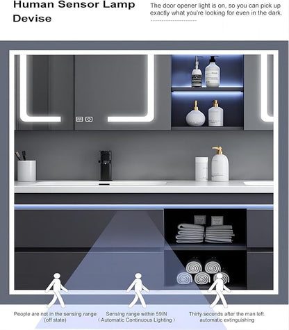 55IN Double Sink Vanity, 4 Drawers, Two LED Smart Touch Mirror Cabinets, Open Center Compartment, Body Sensor Lights, Wall Mounted Storage Vanity (59IN)