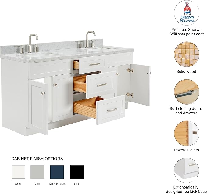 DKB Bradford 72 Inch Bathroom Vanity Double Sink — White Bathroom Vanity with Sink, 1.5" Edge Italian Carrara Marble Countertop & Backsplash, 4 Soft-Close Doors, and 3 Dovetail Drawers