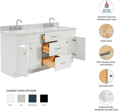 DKB Bradford 72 Inch Bathroom Vanity Double Sink — White Bathroom Vanity with Sink, 1.5" Edge Italian Carrara Marble Countertop & Backsplash, 4 Soft-Close Doors, and 3 Dovetail Drawers