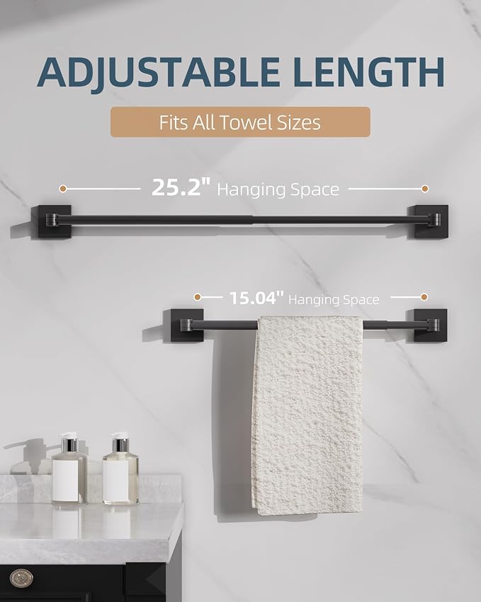 RUACQ Adjustable Towel Bar, Adhesive or Drill Wall Mount Towel Rack, Black | Adjust 15.8 to 26 Inch Towel Racks for Bathroom, 304 Stainless Steel Bath Towel Holder, Rustproof, Square Base, Heavy Duty
