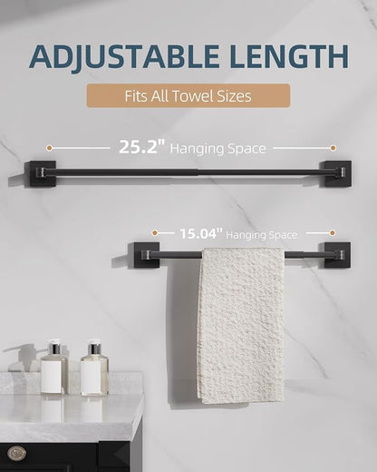 RUACQ Adjustable Towel Bar, Adhesive or Drill Wall Mount Towel Rack, Black | Adjust 15.8 to 26 Inch Towel Racks for Bathroom, 304 Stainless Steel Bath Towel Holder, Rustproof, Square Base, Heavy Duty