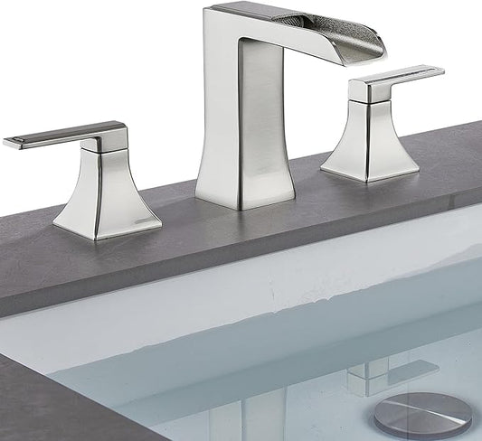 Brushed Nickel Bathroom Faucet, Sanliv Widespread Bathroom Faucet for 3-Hole Sinks 4-8 inch, 2-Handle Waterfall Vanity Faucets with Pop-Up Drain, Brushed Nickel
