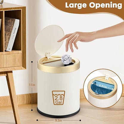 Automatic Bathroom Trash Can with Lid,Motion Sensor Small Trash cans | 2.8 Gallon Touchless Garbage Can, Cute Small Plastic Wastebasket,Sensor White and Gold Trash Bin for kitchen,Bedroom,Office