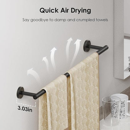 FORIOUS Bathroom Accessories, 4-Piece Bathroom Hardware Set - 24" Towel Bar | Matte Black | Towel Hooks, Towel Racks for Bathroom, Toilet Paper Holder Wall Mounted & Towel Ring | SUS304 Stainless Steel