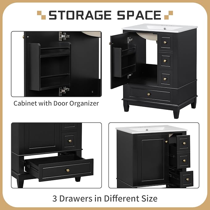 Bathroom Vanity with Ceramic Sink 24 Inch, Cabinet with One Door and Three Drawers, Soft-Closing Door, Solid Wood Legs, Black