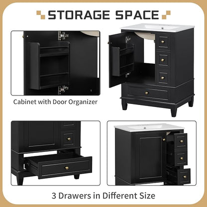 Bathroom Vanity with Ceramic Sink 24 Inch, Cabinet with One Door and Three Drawers, Soft-Closing Door, Solid Wood Legs, Black