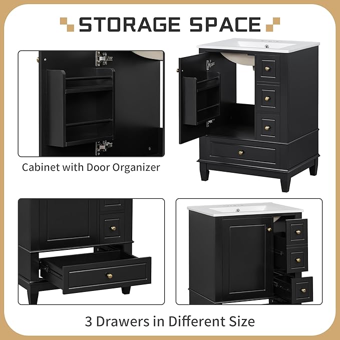 24" Vanity with Sink, Small Bathroom Vanities 24 Inch with Sink, Single Sink Bathroom Vanity with Door Shelf and Three Drawers, Restroom Vanity with Sink Top (Black)