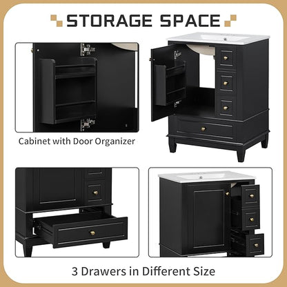 24" Vanity with Sink, Small Bathroom Vanities 24 Inch with Sink, Single Sink Bathroom Vanity with Door Shelf and Three Drawers, Restroom Vanity with Sink Top (Black)