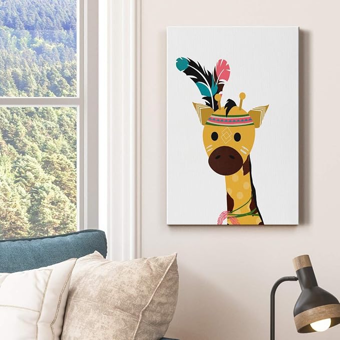 Renditions Gallery Canvas Animal Wall Art Decorations Paintings & Prints Yellow Traditional Baby Giraffe Animated Canvas Wall Hanging for Bedroom Living Room Office Kitchen - 24"x36" LT02