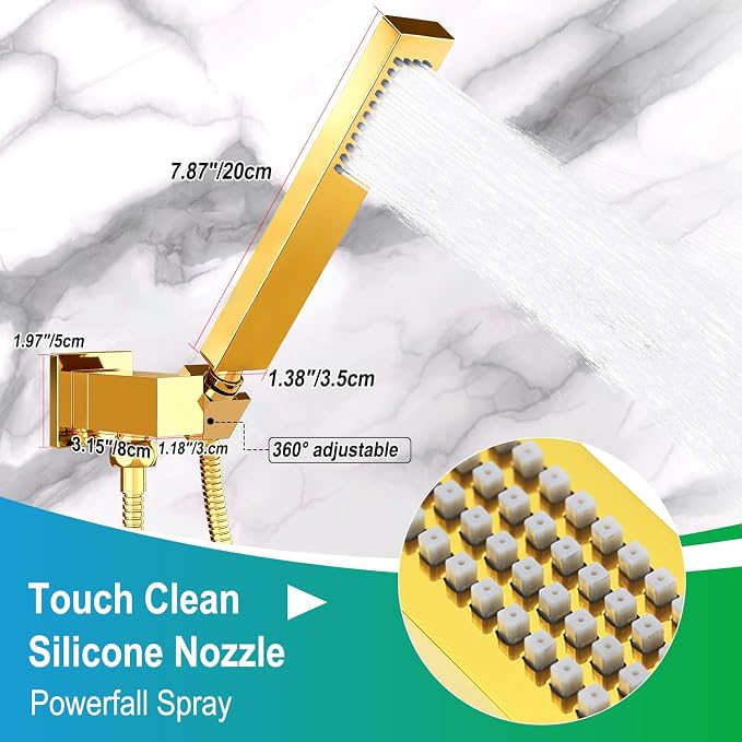 Polished Gold Hand Held Shower Head Combo Set Square Shower Wand Solid Brass Shower Head With Adjustable Holder Wall Mount Handheld Showerheads Set