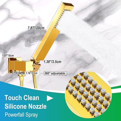 Polished Gold Hand Held Shower Head Combo Set Square Shower Wand Solid Brass Shower Head With Adjustable Holder Wall Mount Handheld Showerheads Set