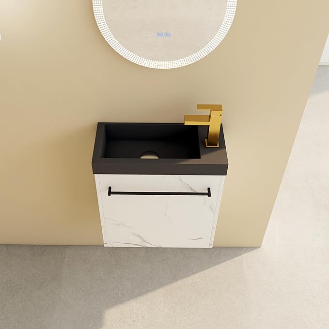 20" Small Bathroom Vanity with Black Sink Floating Bathroom Vanity Cabinet with Storage Wall Mounted Narrow Vanities Bathroom Vanity with White Marble Grain Flat Door for Home Bath