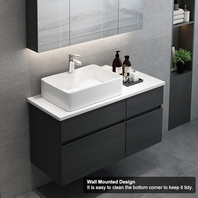 Bathroom Vanity Floating Bathroom Sink Cabinet with Ceramic Vessel Sink Wall Mounted Floating Vanity (Black & White, 31.5" W)