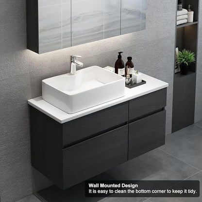 Bathroom Vanity Floating Bathroom Sink Cabinet with Ceramic Vessel Sink Wall Mounted Floating Vanity (Black & White, 31.5" W)