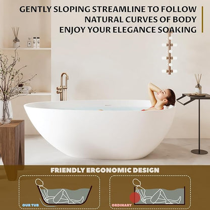 67" Freestanding Bathtub, Solid Surface Soaking Tub - Oval Egg Shell Stone Resin with Pop-Up Drain & Overflow, CUPC Certified Matte White Deep Soaking Tub with Ergonomic Design for Luxury Bathroom