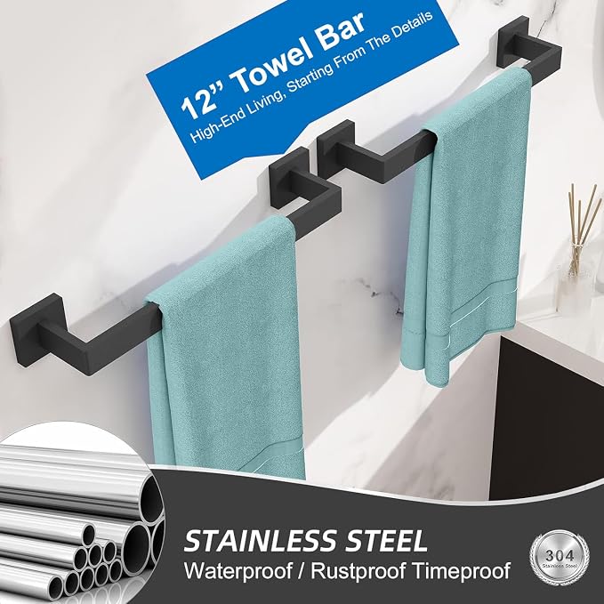 Towel Bar 2 Pack for Bathroom 12 Inch Matte Black Towel Holder 12/16/20/24/28/32/36 Inch Stainless Steel SUS304 Rustproof Towel Rack Modern Square Towel Rod for Bathroom Wall (2, Matte Black, 12 Inch)
