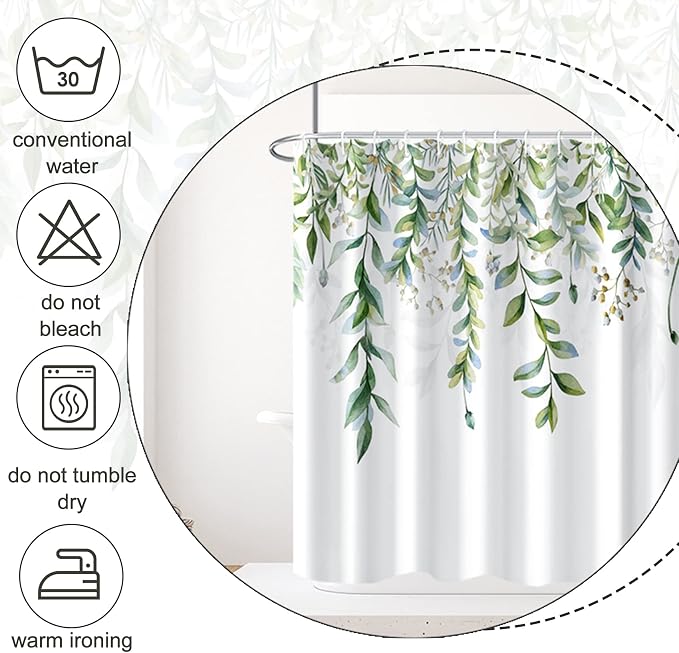 AWERT Green Mixed Light Blue Plant Stall Shower Curtain with 6 Hooks Sage Green Shower Curtain for Bathroom Waterproof Fabric 36x72 inch