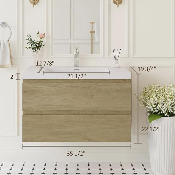 Floating Bathroom Vanity with Sink, 36" Wall-Mounted Bathroom Storage Cabinet with Resin Countertop & 2 Soft Close Drawers, Modern Stylish Vanity with Open Back Design, Easy to Clean, Oak